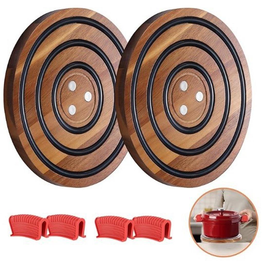 Circular Wooden Sand Pot Mat With Heat-resistant Silicone Ring Wooden Tabletop Insulation Mat
