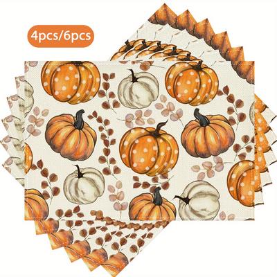 6pcs Polka Dot Pumpkin Branches Placemats 12x18 Inch Fall Thanksgiving Table Decorations for Kitchen Dining Party Home Decor