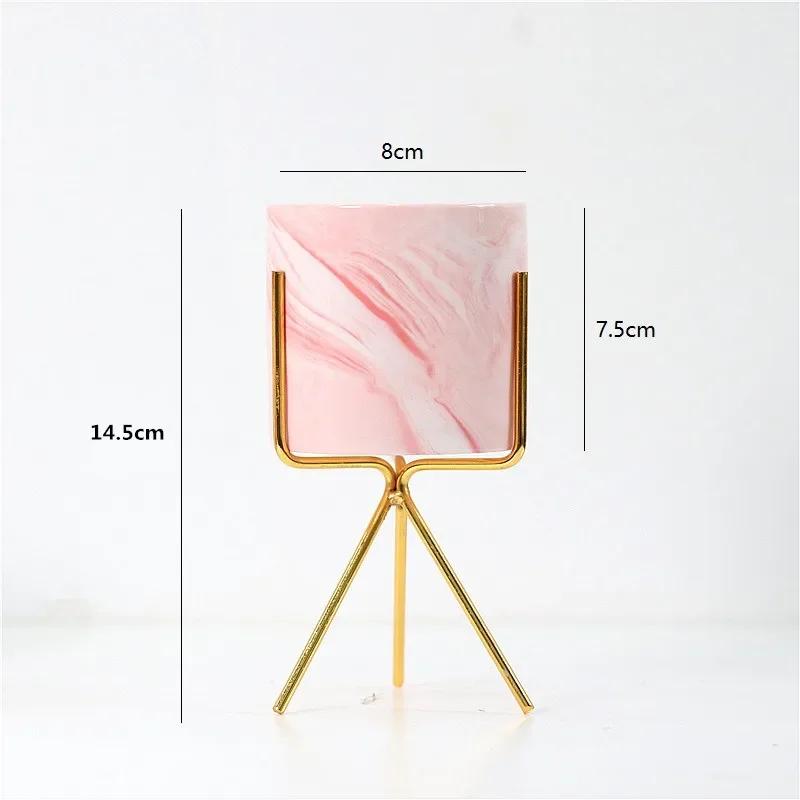 Nordic Ceramic Iron Art Marble Vase Pattern Rose Gold Green Table Plant Pot For Home Office Vases Decor Succulent Flower Pot