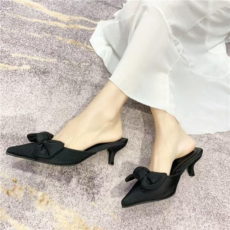 New Style Butterfly-knot Mules Women Slippers Elegant Pointed Toe Thin High Heels Ladies Summer Fashion Party Prom Shoes