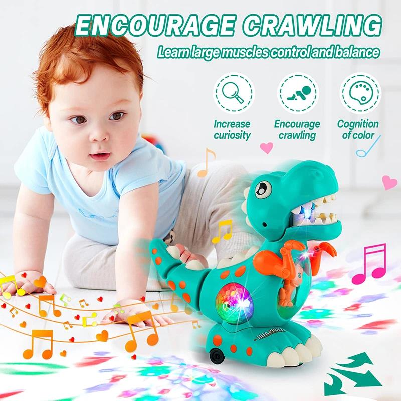 Dinosaur Toy Light Up Musical CrawlingTummy Time Montessori Sensory Interactive Electric Toys for Kids Birthday Gifts