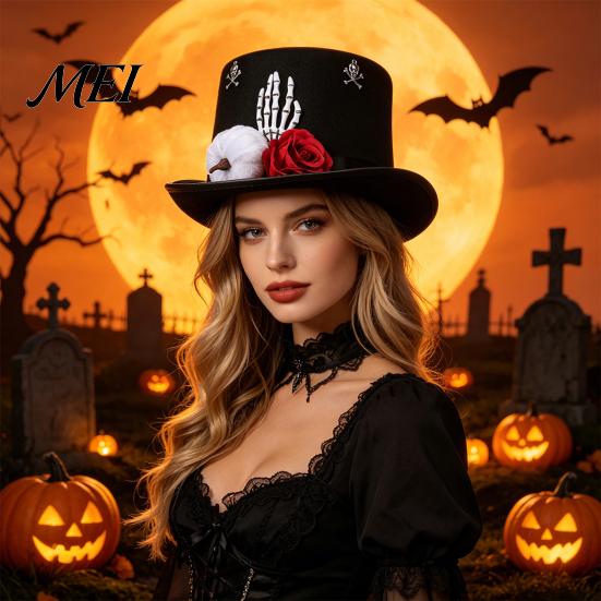 Black Rose Party Hat Adults Felt Top for Men Women, Steampunk Halloween Cosplay with Skeleton Festive Holiday Accessory Hand And Rose, Gothic Costume