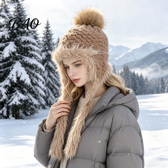 Ear Warmer Hat for Cycling Women Knitted Earflap Hat, Fuzzy Trim Pompom Soft Warm Outdoor Winter Knit Cycling, Cold Weather Daily Wear