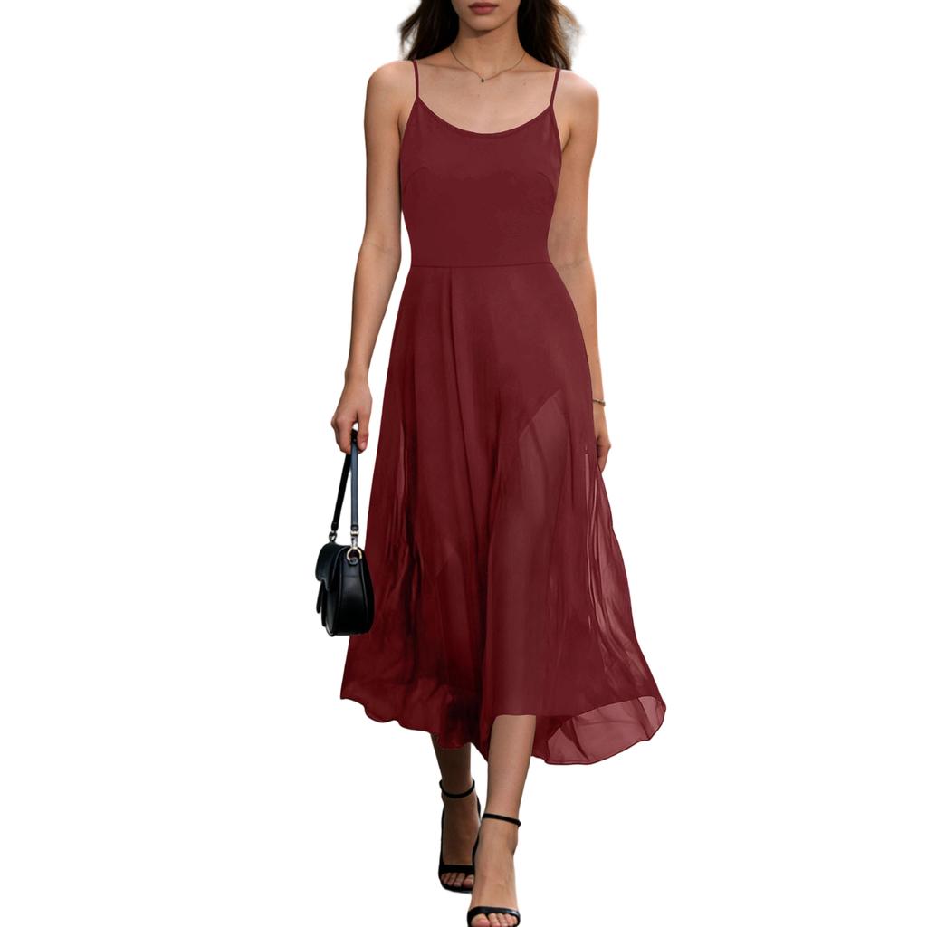 Women's Slim Fit Backless Spaghetti Strap Dress Elegant Sleeveless Long Dress with V Neck and Scalloped Hem for Casual and Formal Wear