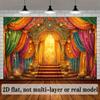 Opulent Indian Palace Tapestry, Regal Stage with Rich, Colorful Drapes and Golden Arch, Festive Bollywood Wall Art