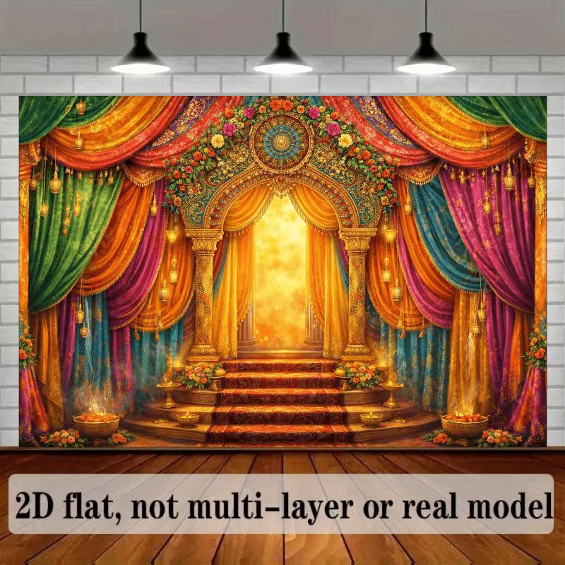 Opulent Indian Palace Tapestry, Regal Stage with Rich, Colorful Drapes and Golden Arch, Festive Bollywood Wall Art