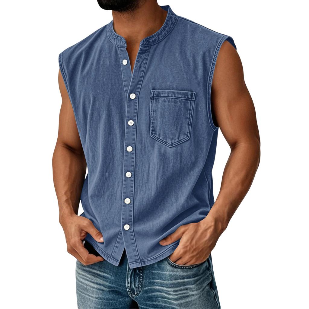 Men's Summer Fashion Distressed Denim Shirt. Men's Casual Sporty Sleeveless Button-down Vest.