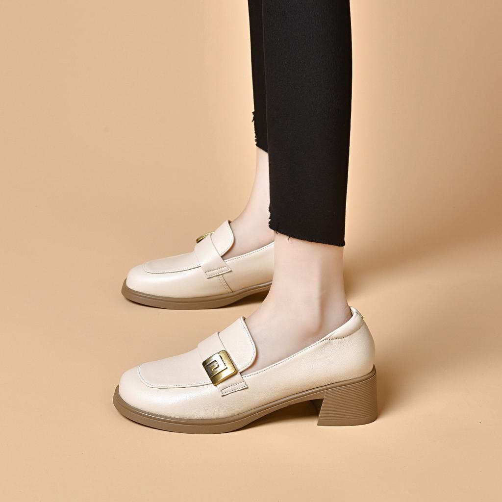 Round Head Small Leather Shoes Women's Spring Round Head Square Buckle Shallow Mouth Women's Single Shoes Sheepskin Middle Heel
