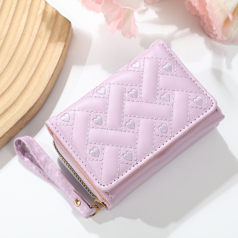 Dámská výšivka srdce PU trojdílná peněženka: Krátká peněženka s více sloty na karty & Držák na karty v jednom