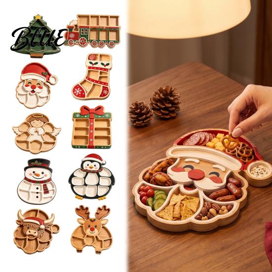 Festive Fruit Dish with Compartments Christmas Tree Serving Platter, Wooden Snack Tray for Holiday Parties, Multi-Compartment Food Display Creative