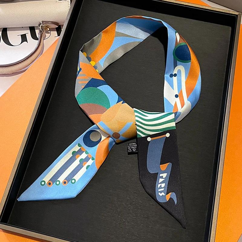 Luxury Brand Silk Skinny Scarf Bag Handle Ribbon Ladies Horse Print Headband Small Hair Scarves Band Female