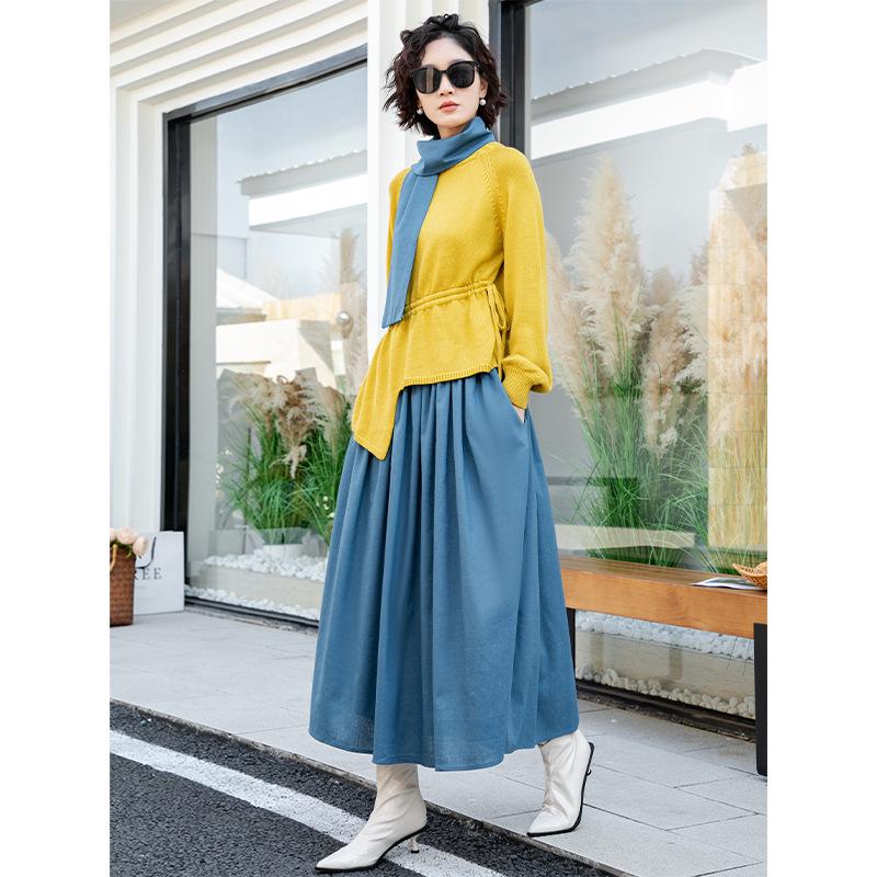 2026 Spring Yellow Knit Top & Blue Skirt Color Block Casual Women's Set