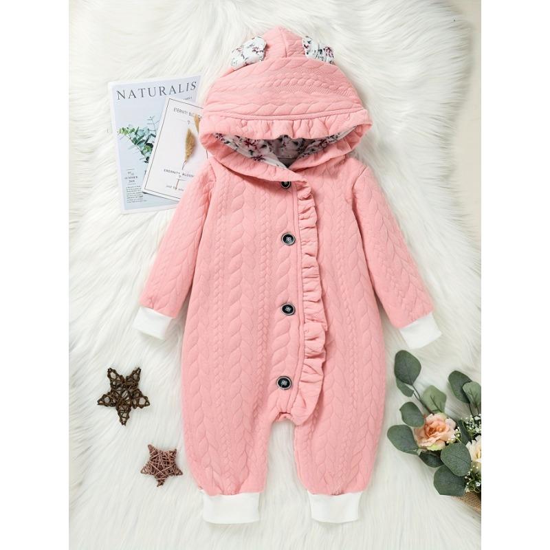 Adorable Floral Hooded Baby Girl Romper with Bunny Ears - Long Sleeve, Single-Breasted, Polyester Blend,Machine Washable - Perfect for Spring & Autumn