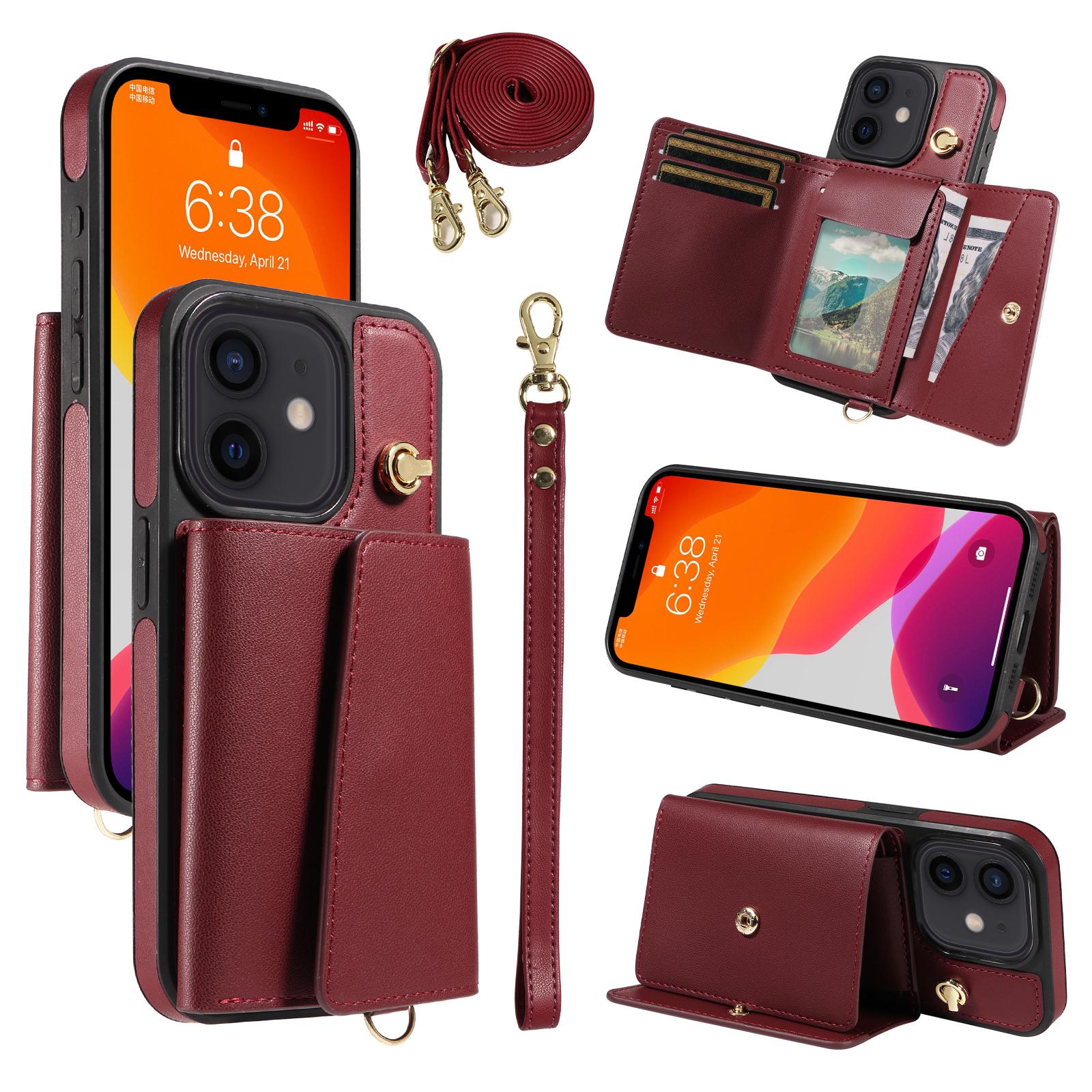 

For iPhone 12 Pro/12 Crossbody Phone Case Card Holder Kickstand Leather Coated TPU Mobile Cover Wine Red