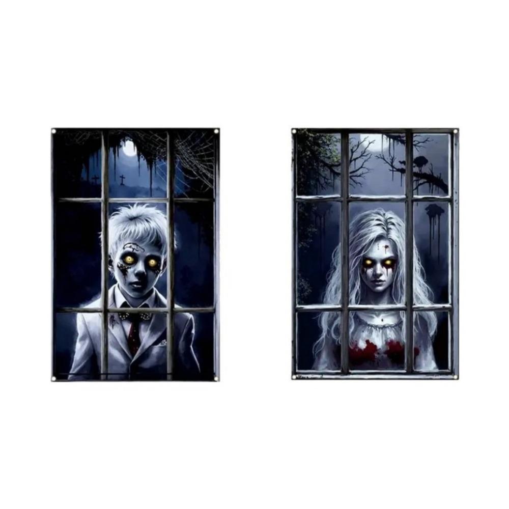 2PCS 2D Flat Scary Halloween Window Cover Super Terrifying Blood-Themed Scary Halloween Backdrops Polyester Fiber