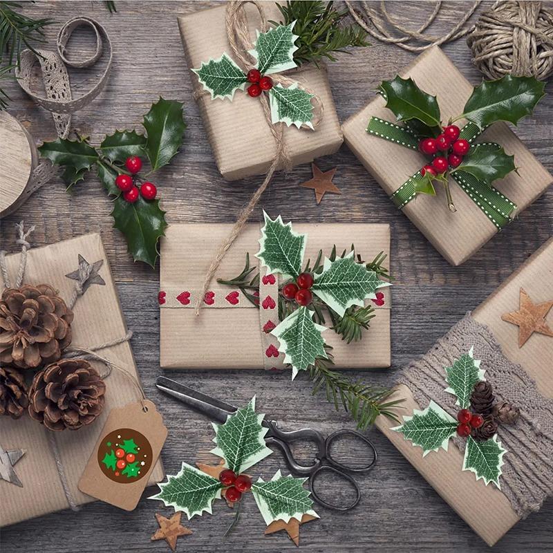 20/5Pcs Artificial Holly Berries With Green Leaves DIY Christmas Wreath Wedding Flower Gifts Xmas New Year Festival Decorations