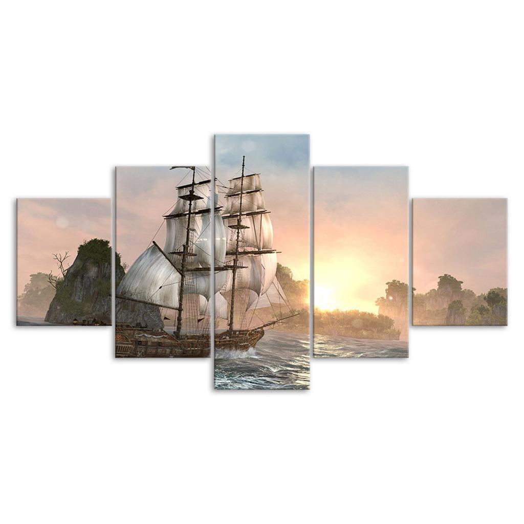 Sailing Ship Sunset Pirate Canvas 5 Piece Five Panel Wall Print Modern Art Poster Picture Home Decor Gift For Him For Her