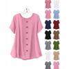 Women's Solid Color Decorative Button Crew Neck Short Sleeve Casual Loose Curved Hem Tunic T Shirt Top