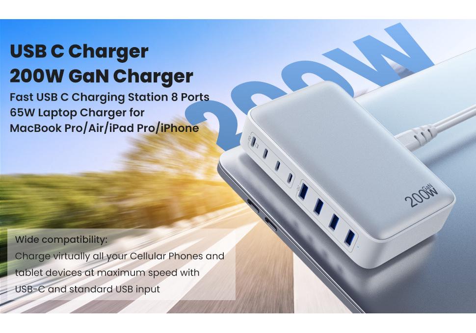 200W Gallium Nitride Multi-Port Fast Charger for Laptops & Tablets