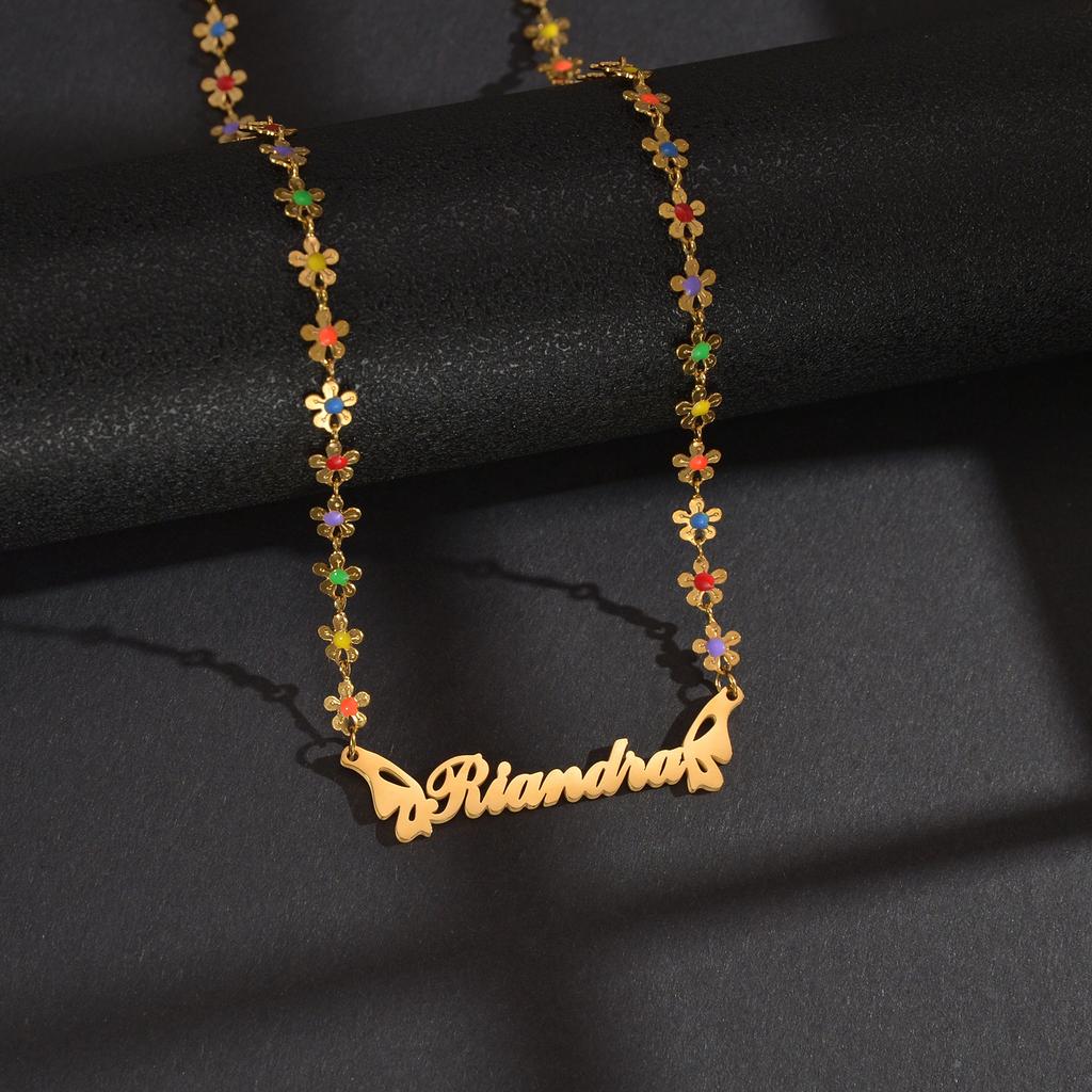 Atoztide Personalized Custom Name Necklace for Women Oil Flower Link Chain Stainless Steel Letter Fashion Pendant Jewelry Gift