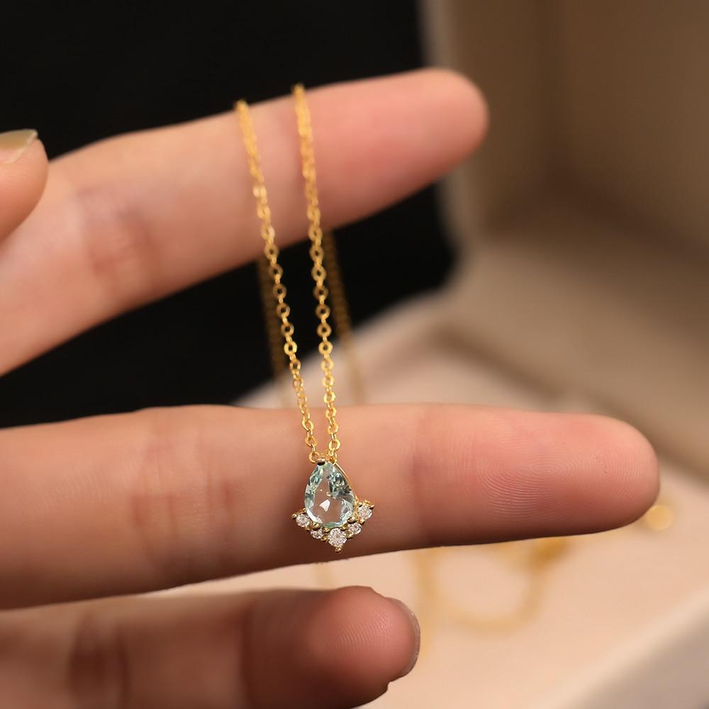 925 Sterling Silver French Simple Blue Crystal Drop Pendant Clavicle Chain Necklace Women Sweet Cute Student Jewelry Gift
