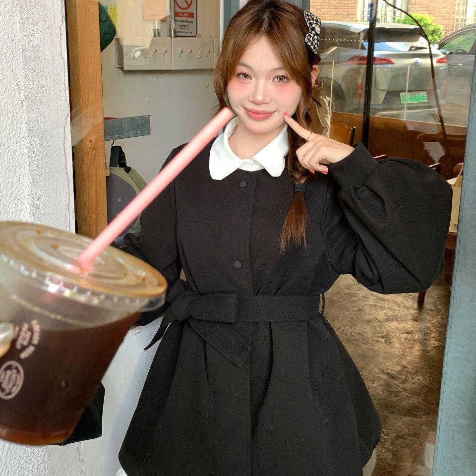 Autumn/Winter 2025 Elegant Double-Sided Wool Coat with Belted Lantern Sleeves - French Style Petite Women's Windbreaker Dress