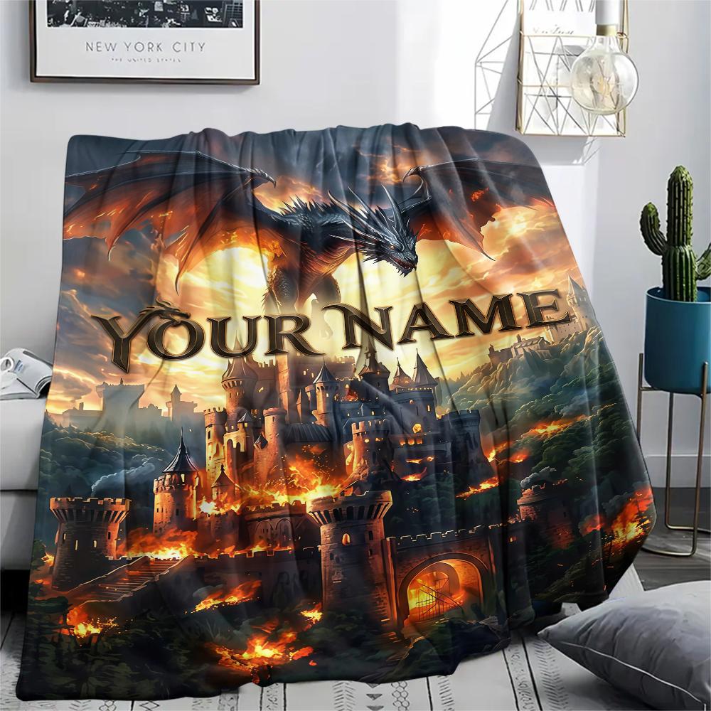 1PC Custom Name Dragon Castle Burn Patterned Flannel Blanket Suitable For All Seasons for Home Decor Warmth and Comfort Gifts Holiday Present_lx
