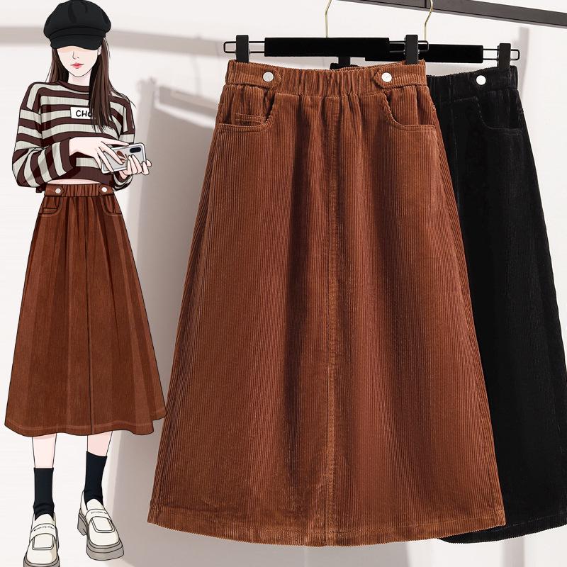 

Autumn Plus Size Corduroy A-line Midi Skirt - High Waist for Curvy Women XXL чорний