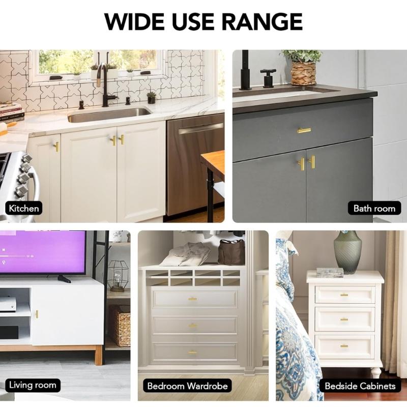 Pack of 10 Gold T Shaped Drawer Pulls Single Hole Sturdy Zinc Alloy Cabinets Handles for Home Decoration Daily Use