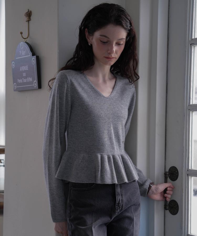 DEHEVE V-Neck Flare Shirring Knit [Gray]