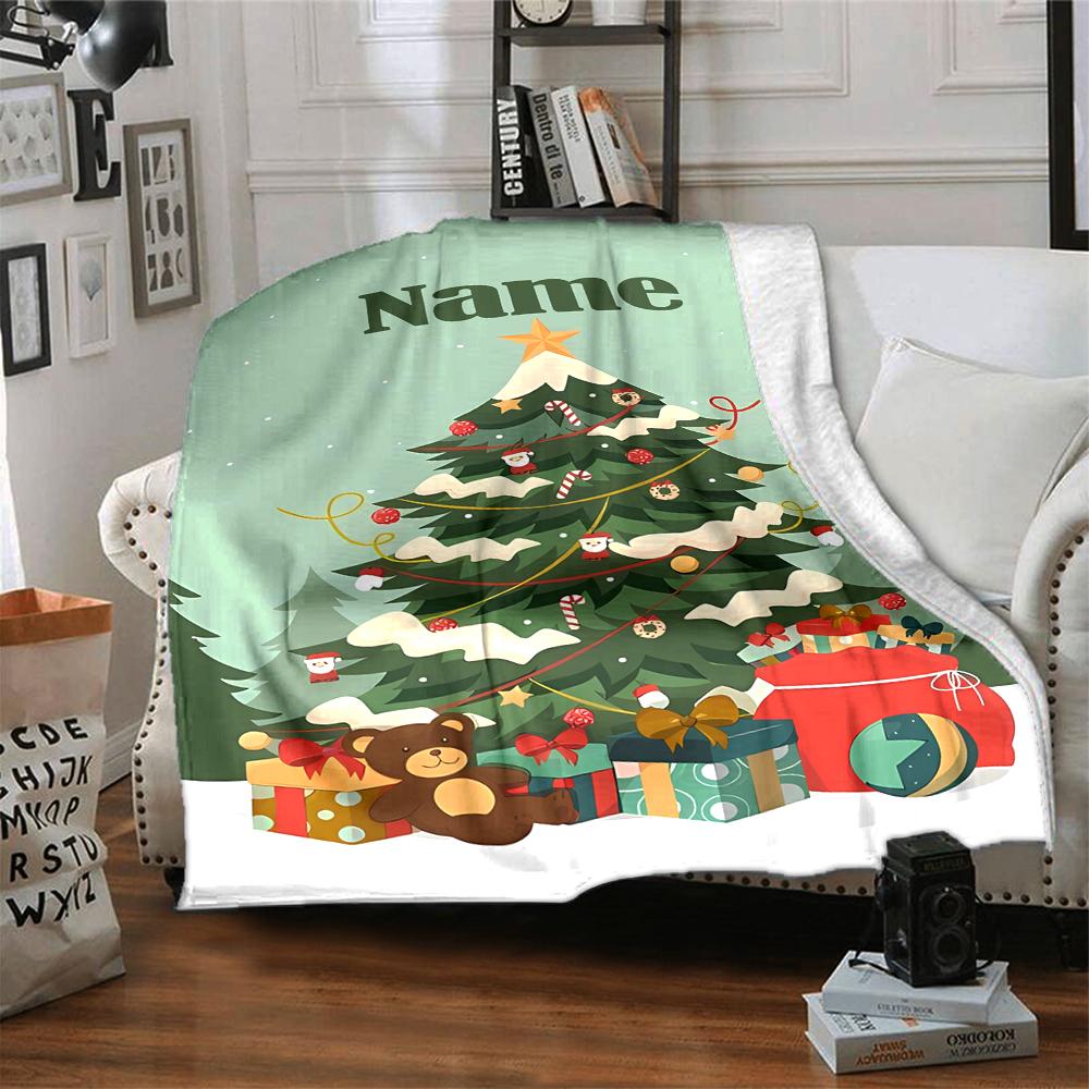Custom Name Christmas Tree Theme Printed Blanket - Perfect for Couch, Bed, Travel & Outdoor Use | Machine Washable, Cozy & Durable.