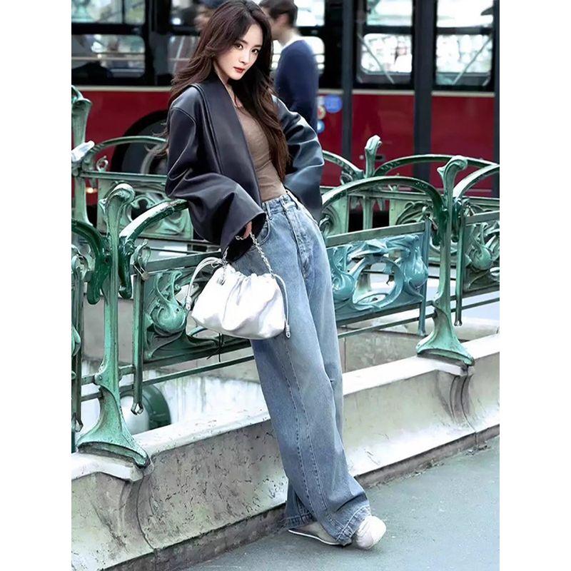 Yang Mi Style Blue Wide-Leg Jeans for Women 2026 Spring and Autumn New Retro High-Waisted Slimming Loose Fit Curved Pants