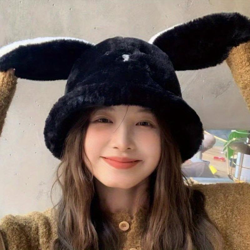 

Cute Bear Plush Hat Winter Girls Warm Fisherman Cap Women Smile Bear Thick Bucket Hats Outdoor Autumn Lady Large Capacity Caps чорний