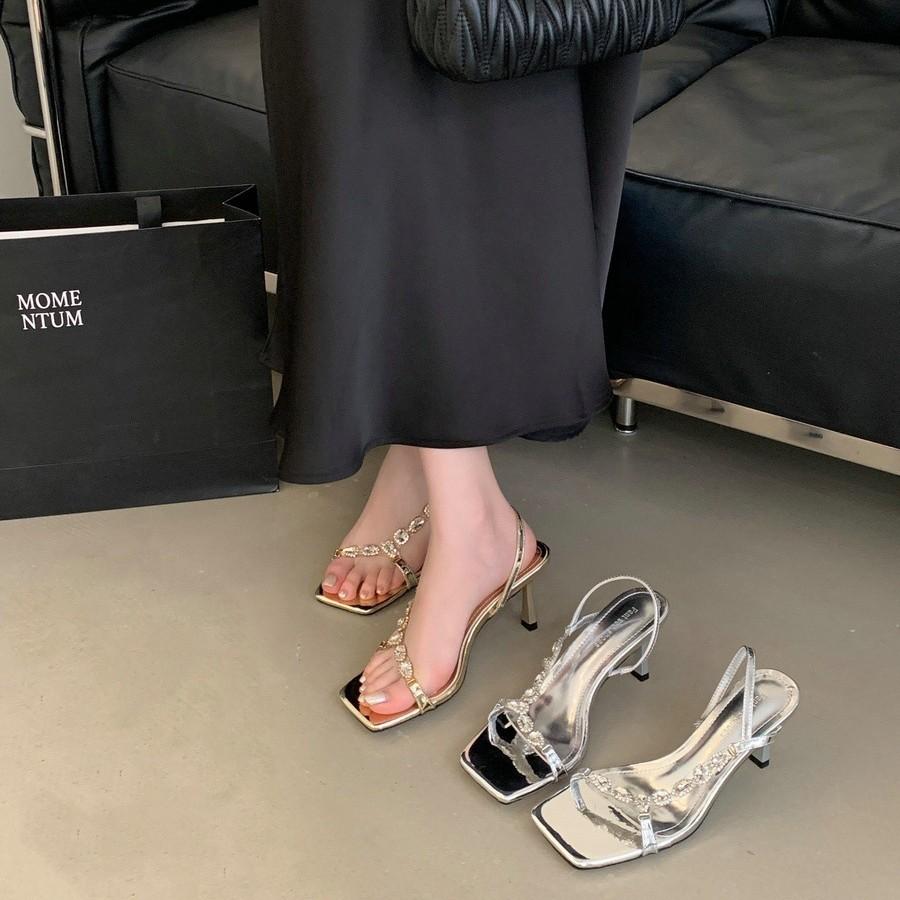 Beautiful sandals women's outer wear 2025 new summer thin heels square head open-toed rhinestones with sexy high heels