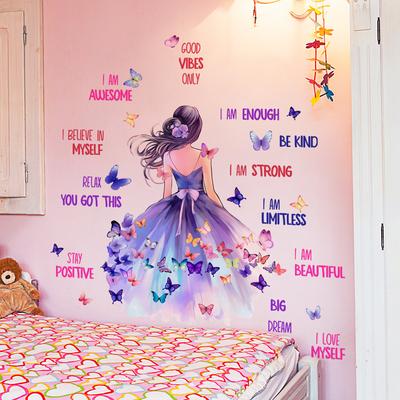 Kleines Mädchen Rücken Englischer Slogan Schmetterling Wandaufkleber Hintergrundwand Raumdekoration Wandaufkleber Selbstklebend