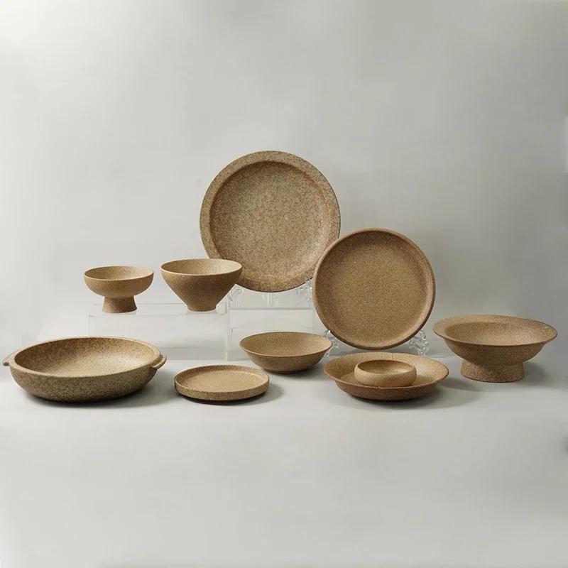 Retro frosted brown shallow dish restaurant with round artistic conception Western food steak pasta plate exquisite tableware