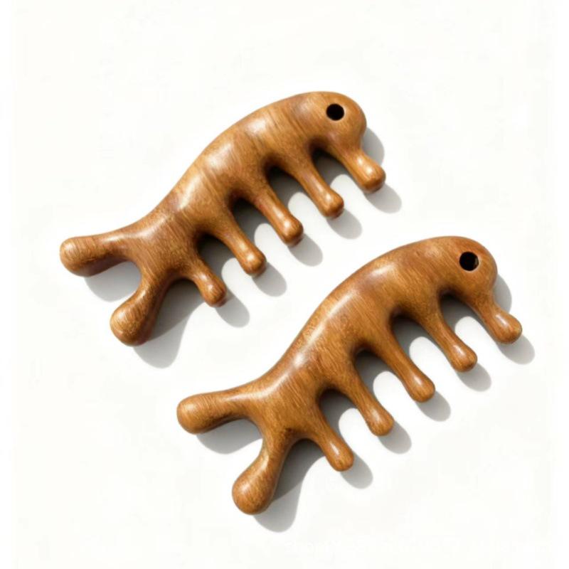 Sandalwood Seahorse & Dolphin Five-Tooth Comb with Five-Ball Massager and Coarse-Tooth Ball-Head for Meridian Massage