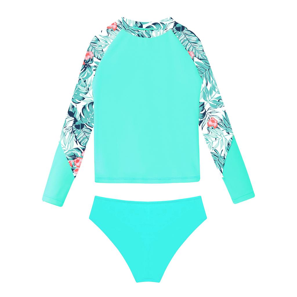 Girls Long Sleeve Swim Set Printed Mock Neck Rash Guard Top Swim Briefs UPF 50 Sun Protective Beach Pool Outfit