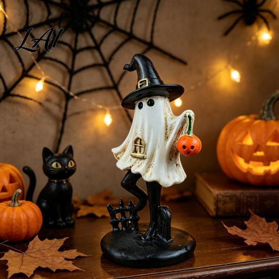 Halloween Ghost Figurine Resin Figurine Vintage Cute Holding Mysterious Witchy Tabletop Display Pumpkin Lantern Statue for Indoor Home Table
