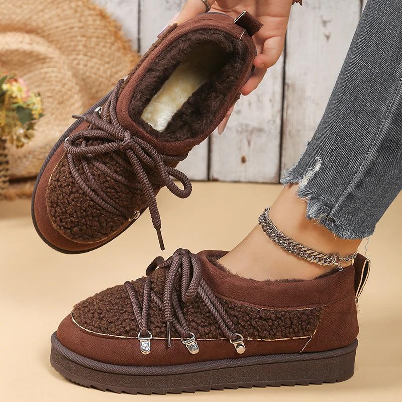 Winter Warm Cotton Lace Up Ankle Boots Women Thicken Plush Cotton Padded Snow Boots Thick Sole Non Slip Platform Casual Shoes