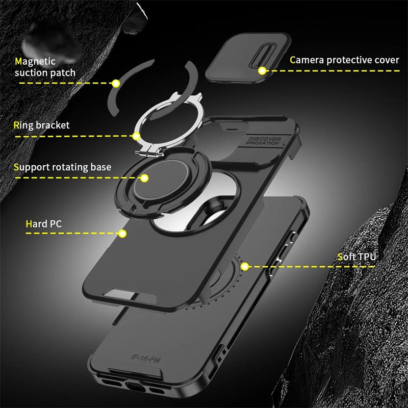 Funda Magnética de Lujo Resistente para iPhone 17 16 15 14 13 12 11 Pro Max Plus con Soporte y Protección Deslizante para la Cámara, Cubierta de PC