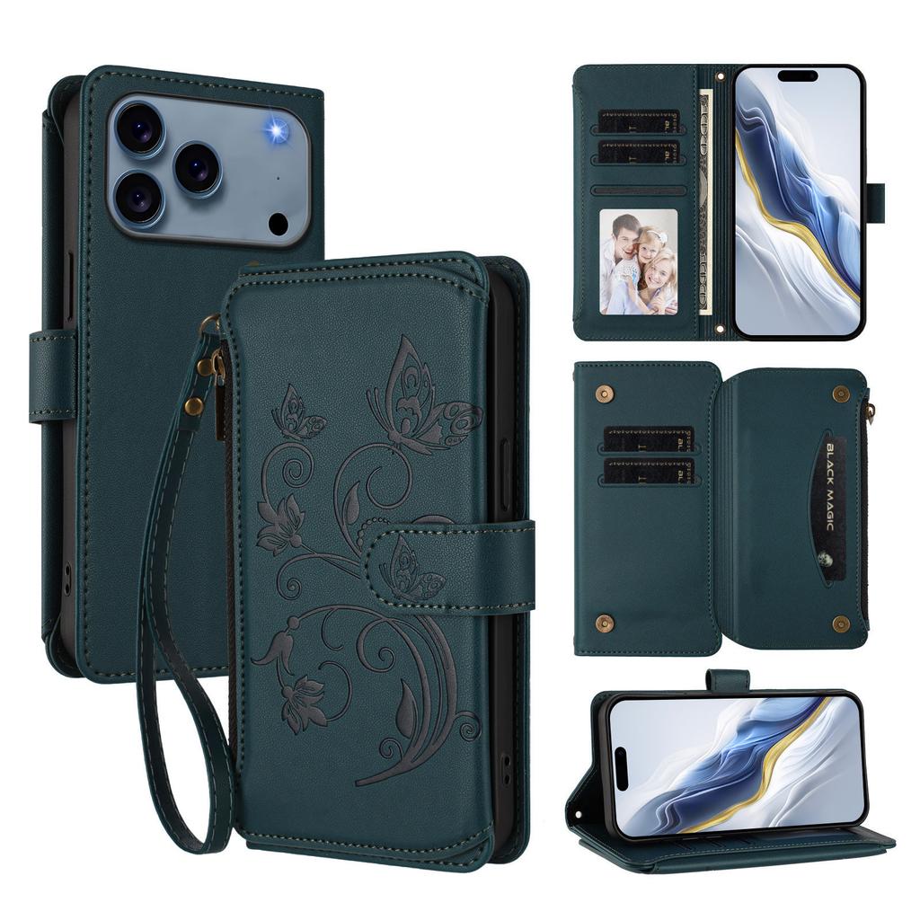 Dla iPhone 17 Pro Max Skórzane Etui Motyl Kwiatowy Wzór Portfel na Zamek Pokrowiec z Podstawką z Paskiem na Nadgarstek