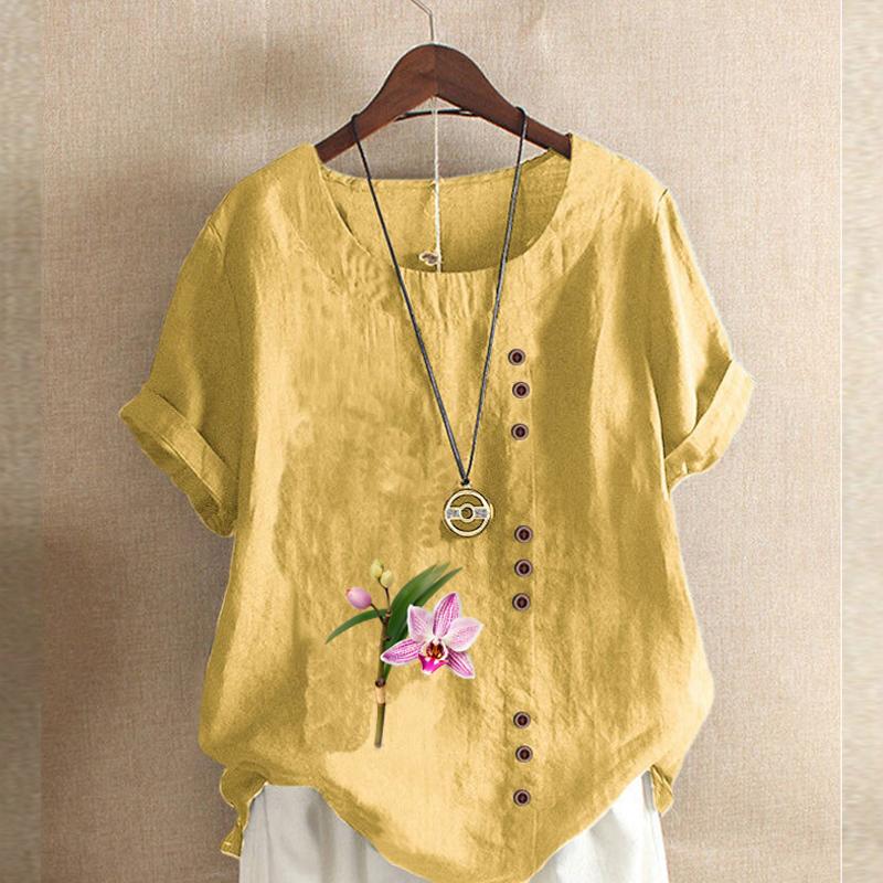 

Женская модная футболка с коротким рукавом с цветочным принтом, свободная хлопковая рубашка, повседневная свободная летняя блузка, топы XXL жёлтый