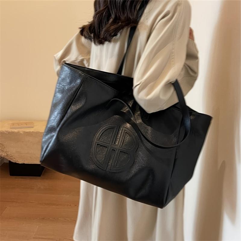 Chic Large Capacity Women's Tote Bag - Casual Vintage Soft Faux Leather, Versatile Solid Color Shoulder Handbag with Zip Closure