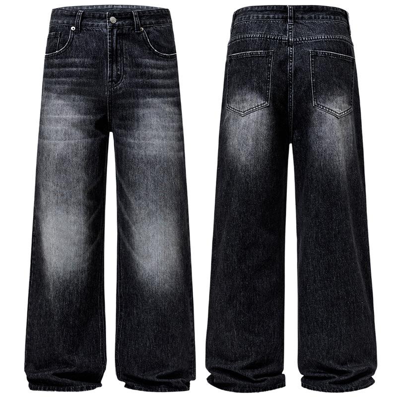 Spring Autumn Men's Vintage Distressed Baggy Straight Jeans High Street Denim Pants Streetwear Male Trousers