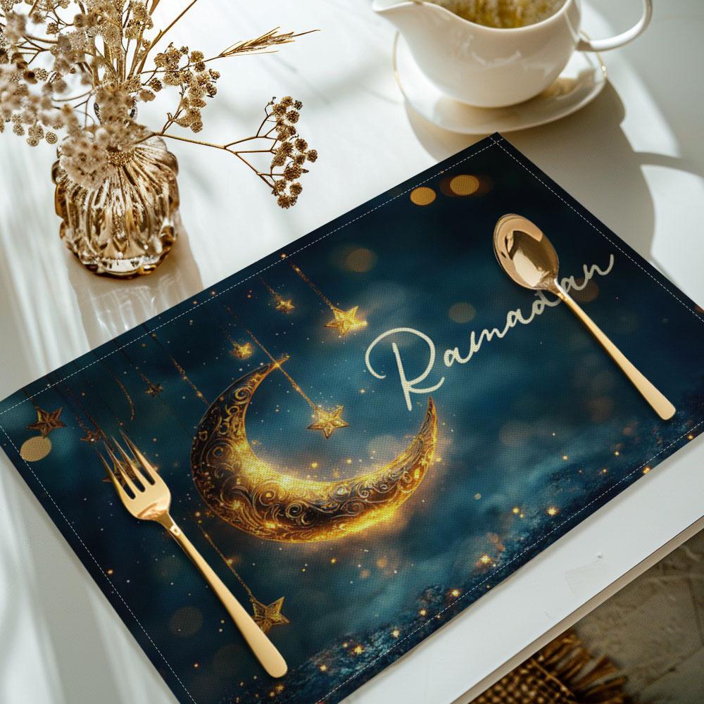 6PC Suige Home Ramadan Moon Lamp Placemats, Linen Rectangular Table Mats, Machine Washable, Festive Eid 6PC 30X45cm