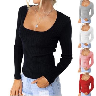 Women's Fashion Casual Solid Color Sexy Slimd Long Sleeved  Square Neck T-Shirt Top
