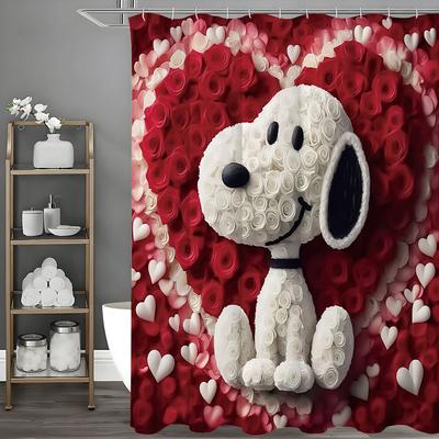 Valentinstag Niedlicher Welpe Rote und Weiße Rose Duschvorhang, Dekorative Duschvorhänge für das Badezimmer, Wasserdichter Duschvorhang mit