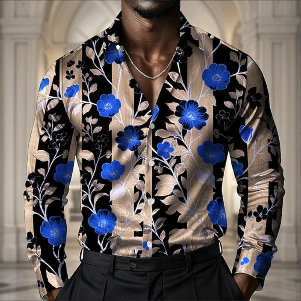 Men's Long Sleeve Shirt Floral Elegant Painted Flower Printed Shirt Men's Fashion Casual Lapel Button Shirt Beach Shirt