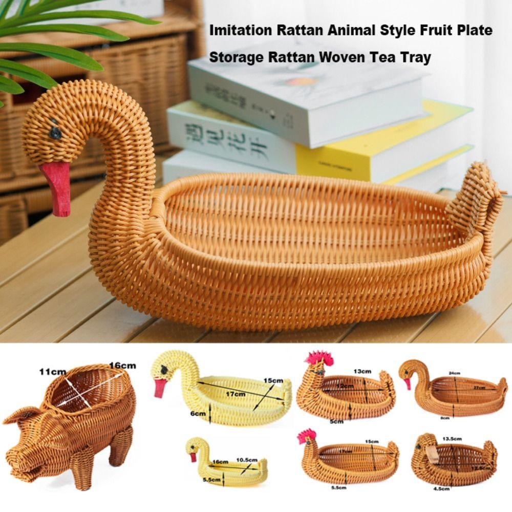 Retro Woven Animal Style Storage Rattan Woven Tea Tray  Restaurant Serving Tabletop Display